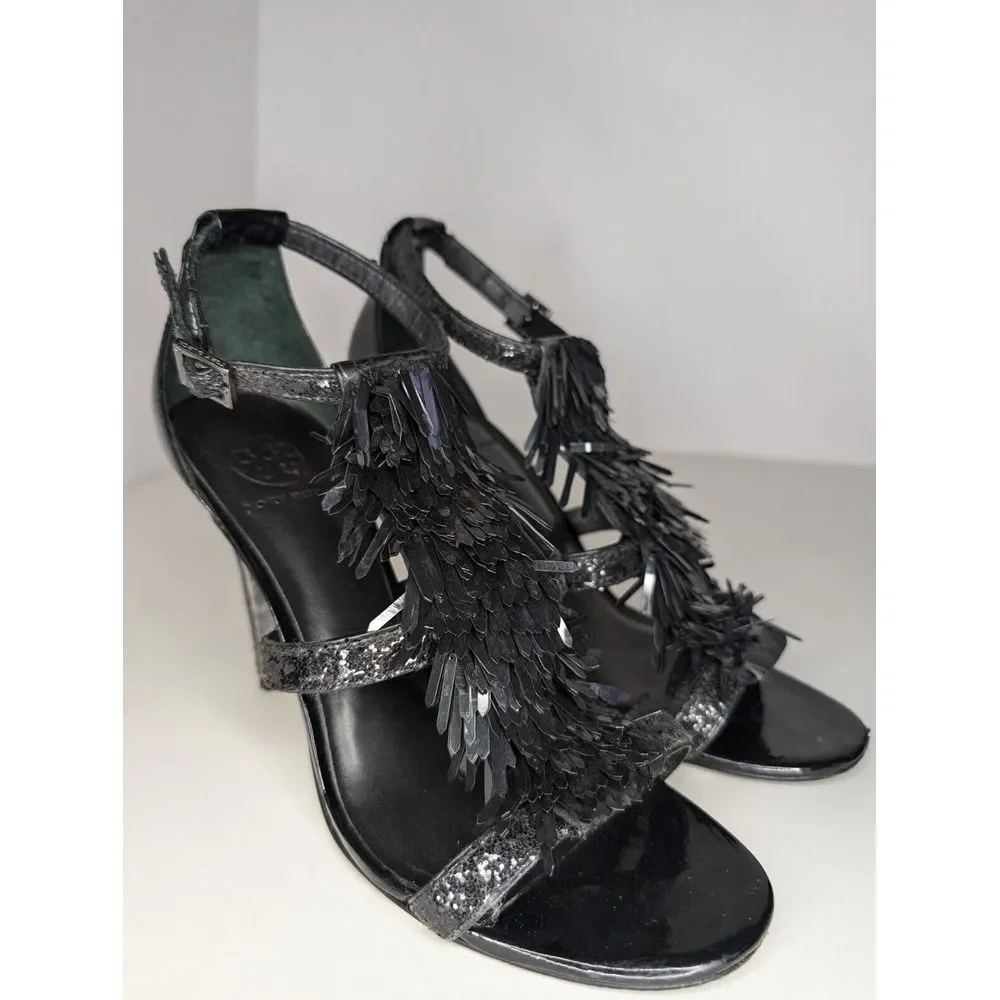 Tory Burch Evelyn Sequin Fringe Heels‎ Black Women's Size 9 Strappy Buckle READ